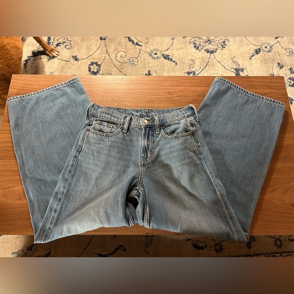 Wide leg baggy, mid-rise Drapey Denim Sz 0, medium wash, stylish, short length - Picture 9 of 13